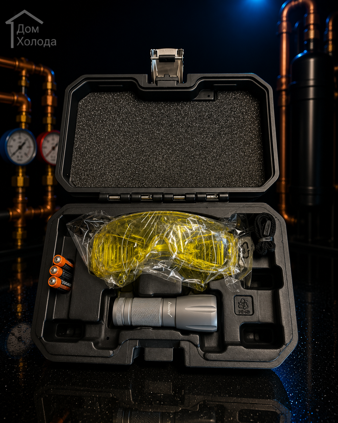 UV набор для поиска утечек в кейсе (UV фонарик + очки)  BC-UV-L-1